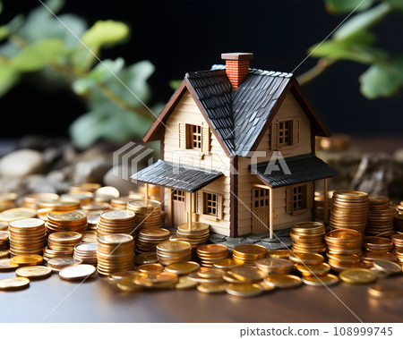 house model and coins on white background. real estate and investment concept. house model and coins on white background. real estate and investment concept. 108999745