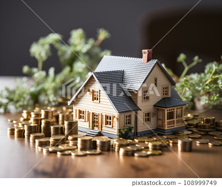 house model and coins on white background. real estate and investment concept. house model and coins on white background. real estate and investment concept. 108999749