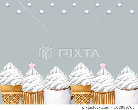 Frame from set of watercolor illustrations sweet desserts. Ice creams, popsicle, hot drink cup with whipped cream, cupcake with whipped white cream for Valentine's Day, xmas or birthday 108999765