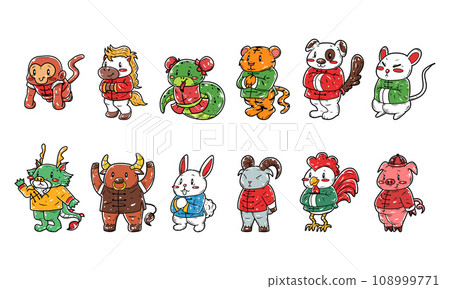 Traditional chinese zodiac animal character set Traditional chinese zodiac animal character set 108999771