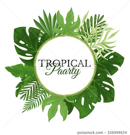 Tropical green palm leaves in a round frame. 108999834