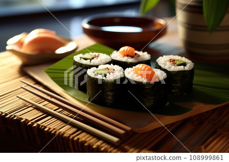 Set of sushi roll on a bamboo mat, highlighting the artistry of sushi presentation 108999861