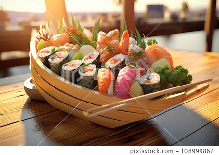 Set of a sushi boat with an assortment of sushi and sashimi, highlighting the artistry of sushi presentation Set of a sushi boat with an assortment of sushi and sashimi, highlighting the artistry of sushi presentation 108999862