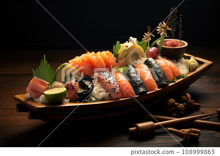 Set of a sushi boat with an assortment of sushi and sashimi, highlighting the artistry of sushi presentation Set of a sushi boat with an assortment of sushi and sashimi, highlighting the artistry of sushi presentation 108999863