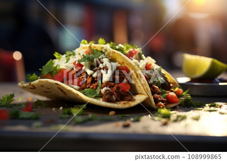 Close-up shot of a street-style taco with grilled meat, fresh salsa, and vibrant toppings Close-up shot of a street-style taco with grilled meat, fresh salsa, and vibrant toppings 108999865