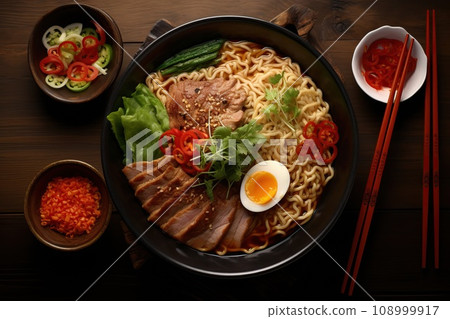 Bowl of traditional Japanese ramen, featuring rich broth, noodles, and assorted toppings, wooden table setting with chopsticks, a spoon Bowl of traditional Japanese ramen, featuring rich broth, noodles, and assorted toppings, wooden table setting with chopsticks, a spoon 108999917