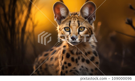 Exotic serval, agile and alert, amidst lush natural surroundings. Exotic serval, agile and alert, amidst lush natural surroundings. 109000096