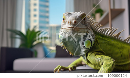 Vibrant iguana basking under artificial light indoors Vibrant iguana basking under artificial light indoors 109000124