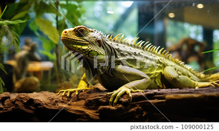 Exotic iguana exploring its terrarium home in an apartment 109000125