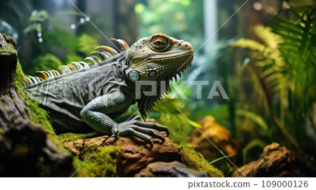 Colorful iguana thriving in a cozy apartment terrarium Colorful iguana thriving in a cozy apartment terrarium 109000126