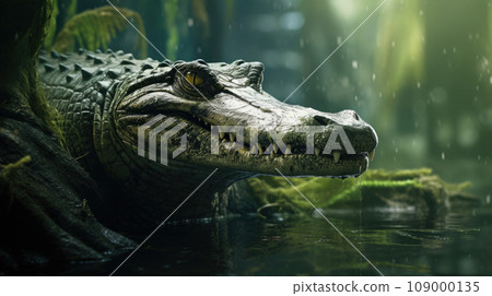 Glistening crocodile bask in tropical waters, blending with lush foliage Glistening crocodile bask in tropical waters, blending with lush foliage 109000135