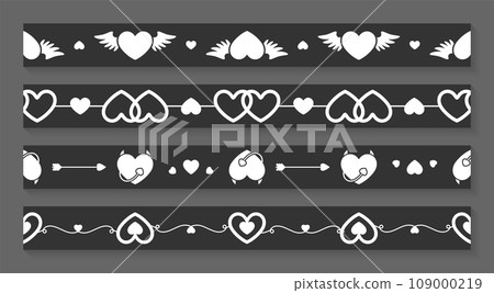 Valentine day washi tape heart black silhouette set. Seamless pattern horizontal strip angel wing cupid arrow couple love intertwined devil horns curl calligraphic scotch tape handmade decoration 109000219