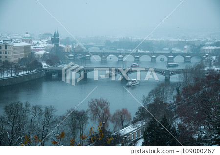landscape in winter in Prague, Czech Republic with Vltava river 109000267