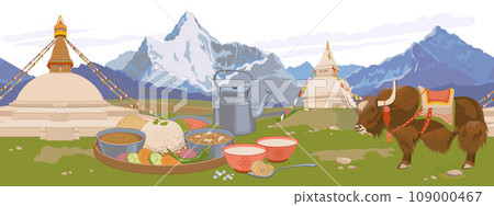 Attributes of Nepalese culture. Vector, flat style. Mountains, Buddhist stupa, tea with butter and salt, karangi, vegetarian Nepalese Thali set (Dal Bhat), yak. 109000467