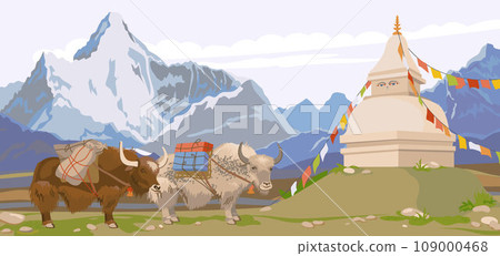 Himalayan yaks with a load on their back, a Buddhist stupa decorated with flags. Mountain horizontal landscape of Nepal. Vector illustration, flat style. Pets in Mongolia and Tibet. 109000468