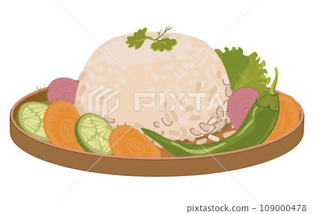 Boiled rice and vegetables on a platter. Vector, flat style. A traditional side dish or main dish in Asia and Japan. White fluffy basmati rice in a bowl. 109000478