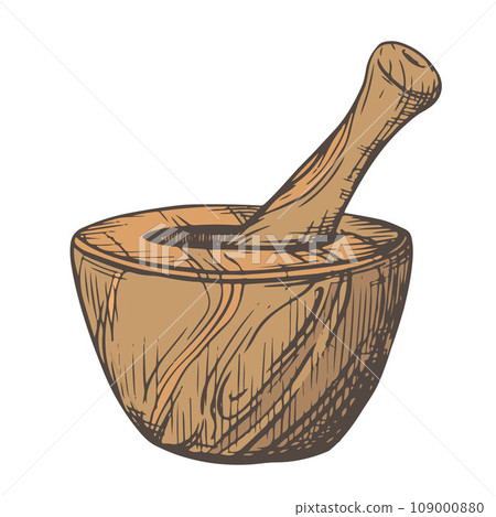 Wooden mortar for grinding herbs on a white background. Hand drawn vector sketch. Drawing in the technique of engraving. Antique kitchen utensils, rustic style. Provence crockery. Wooden mortar for grinding herbs on a white background. Hand drawn vector sketch. Drawing in the technique of engraving. Antique kitchen utensils, rustic style. Provence crockery. 109000880