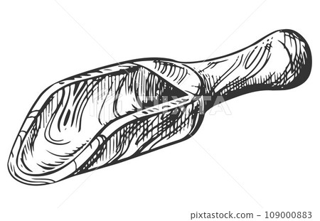 Wooden spoon for dosing products. Vintage black vector engraving isolated on white background. Illustration for the label of natural products, home laboratory. Wooden spoon for dosing products. Vintage black vector engraving isolated on white background. Illustration for the label of natural products, home laboratory. 109000883