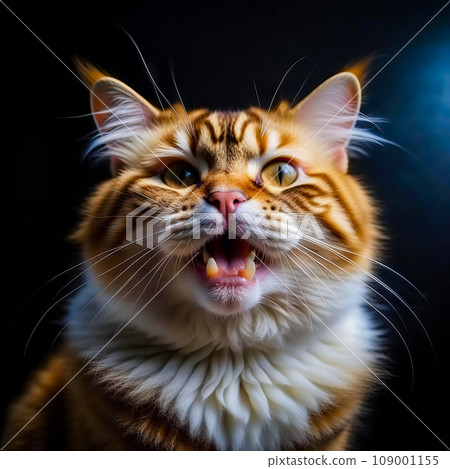 portrait of a beautiful long-haired cat, the cat meows, opens its mouth 109001155