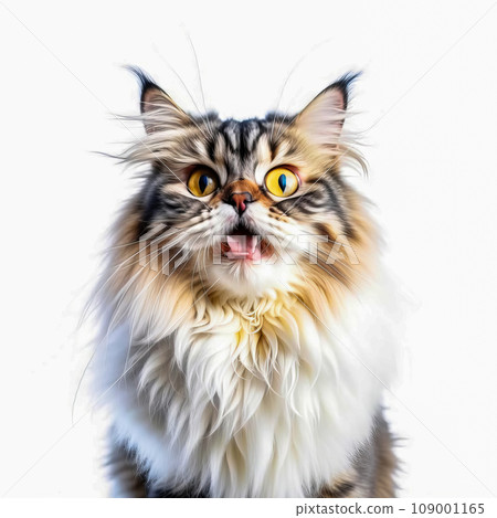 funny portrait of a british longhair cat looking shocked or surprised 109001165