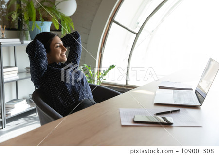 Happy calm Indian businesswoman feeling relief, satisfaction, relaxing in armchair Happy calm Indian businesswoman feeling relief, satisfaction, relaxing in armchair 109001308