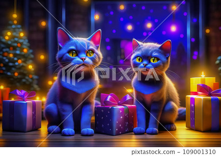Beautiful cute cats with Christmas gifts in a festive interior Beautiful cute cats with Christmas gifts in a festive interior 109001310