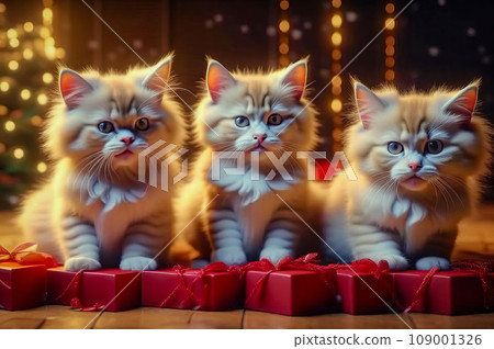 Beautiful cute kittens with Christmas gifts in a festive interior Beautiful cute kittens with Christmas gifts in a festive interior 109001326