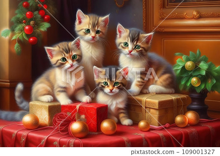 Beautiful cute kittens with Christmas gifts in a festive interior Beautiful cute kittens with Christmas gifts in a festive interior 109001327
