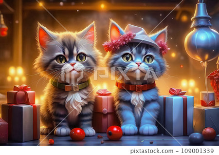 Beautiful cute kittens with Christmas gifts in a festive interior Beautiful cute kittens with Christmas gifts in a festive interior 109001339