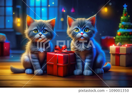 Beautiful cute kittens with Christmas gifts in a festive interior 109001350