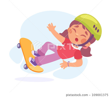 Falling Little Girl Character Slip on the Ground on Skateboard Vector Illustration 109001375