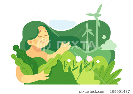 Ecology with Woman Character with Green Hair and Foliage as Sustainable Lifestyle Vector Illustration 109001487