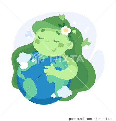 Ecology with Girl Character Embrace Earth Globe Enjoy Sustainable Lifestyle Vector Illustration 109001488