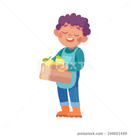 Ecology with Little Boy Character Carry Crate with Ripe Apple Harvest Enjoy Sustainable Lifestyle Vector Illustration 109001489