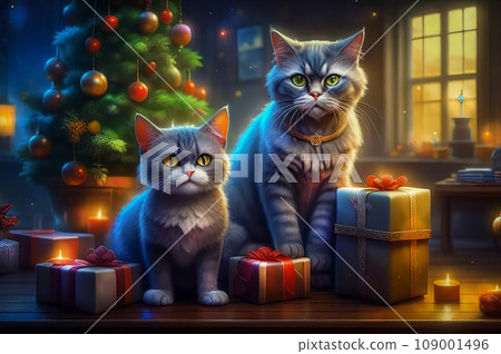 Beautiful cute cats with Christmas gifts in a festive interior Beautiful cute cats with Christmas gifts in a festive interior 109001496