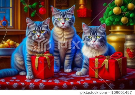 Beautiful cute cats with Christmas gifts in a festive interior 109001497