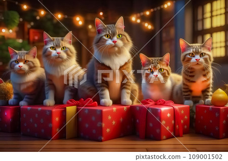 Beautiful cute cats with Christmas gifts in a festive interior 109001502