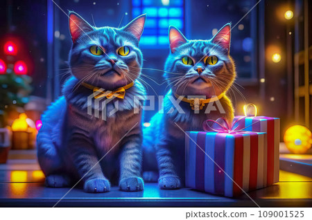Beautiful cute cats with Christmas gifts in a festive interior Beautiful cute cats with Christmas gifts in a festive interior 109001525