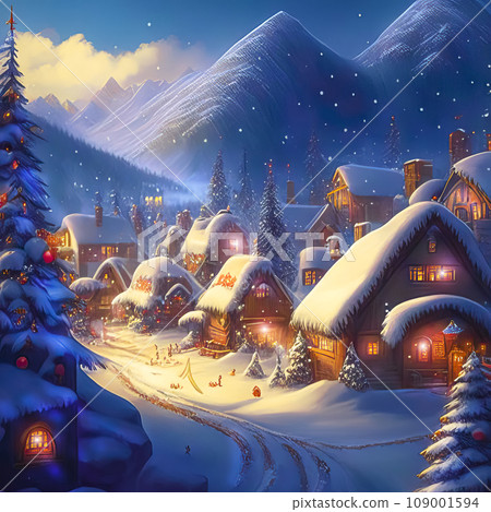 Winter rural landscape with cozy houses, Christmas lights, fir trees, mountains 109001594