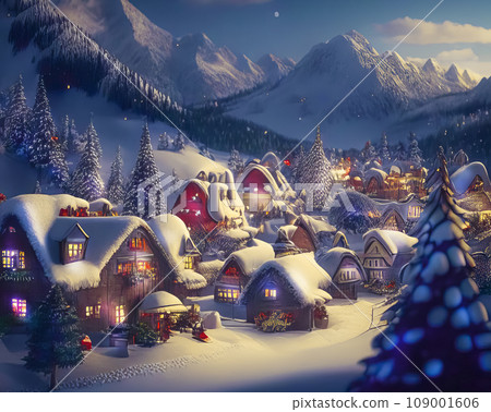 Winter rural landscape with cozy houses, Christmas lights, fir trees, mountains 109001606