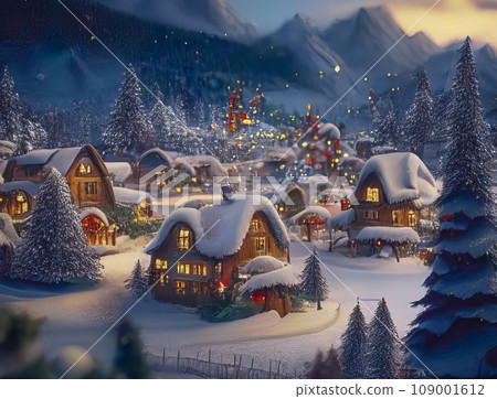 Winter rural landscape with cozy houses, Christmas lights, fir trees, mountains Winter rural landscape with cozy houses, Christmas lights, fir trees, mountains 109001612