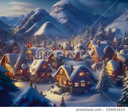 Winter rural landscape with cozy houses, Christmas lights, fir trees, mountains Winter rural landscape with cozy houses, Christmas lights, fir trees, mountains 109001614