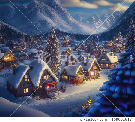 Winter rural landscape with cozy houses, Christmas lights, fir trees, mountains Winter rural landscape with cozy houses, Christmas lights, fir trees, mountains 109001618