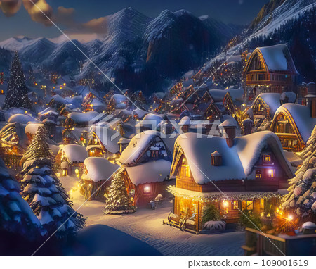 Winter rural landscape with cozy houses, Christmas lights, fir trees, mountains Winter rural landscape with cozy houses, Christmas lights, fir trees, mountains 109001619
