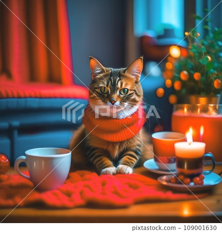 Portrait of a beautiful kitten with a cup of coffee in a Christmas interior 109001630