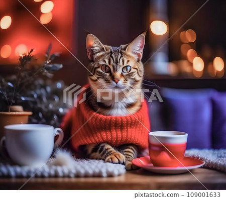 Portrait of a beautiful kitten with a cup of coffee in a Christmas interior Portrait of a beautiful kitten with a cup of coffee in a Christmas interior 109001633