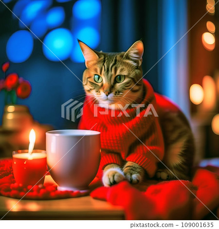 Portrait of a beautiful kitten with a cup of coffee in a Christmas interior Portrait of a beautiful kitten with a cup of coffee in a Christmas interior 109001635