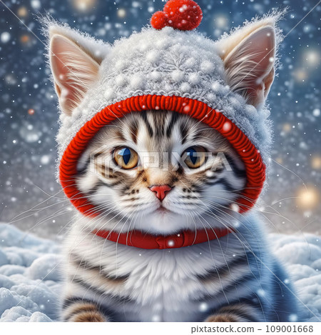 Portrait of a beautiful tabby kitten - Santa on a snowy background. Christmas background with kitten 109001668
