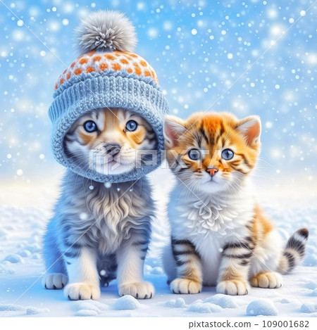 Cute babies, kittens and puppies in knitted hats on a snowy background. Christmas background with cute animals 109001682