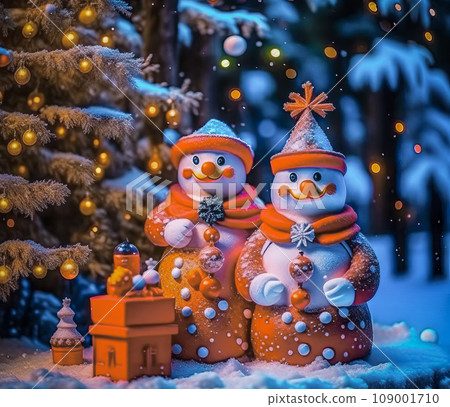 New Year composition with cute snowmen, New Year card 109001710